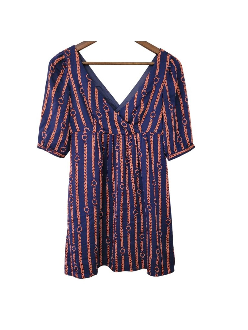 Shoshanna V-Neck Chain Print Silk Dress Size 4 Navy Orange Party